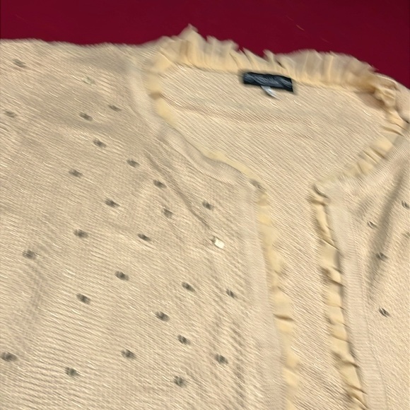 Colleen Lopez BEIGE tan shiny knit hook Cardigan sweater ruffles 3/4 sleeves 3X - Picture 8 of 15